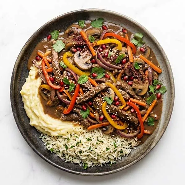 Seven-Spice Beef with Truffled Hummus and Local Biryani Rice